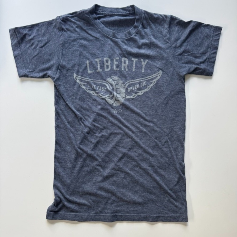 Liberty Dry Goods Co Live Fast Never Die T-Shirt Adult XS Blue Wings Moto‎ Auto